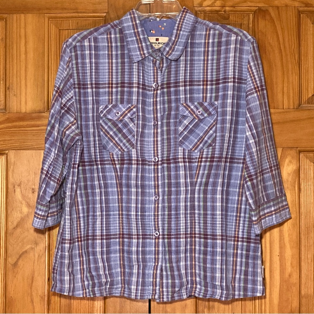 NWOT Woolrich Vintage 90s Top 3/4 Sleeve Blouse Plaid Purple Blue Size L Large
